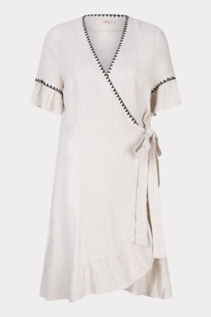 Dress linen fancy contrast stitch