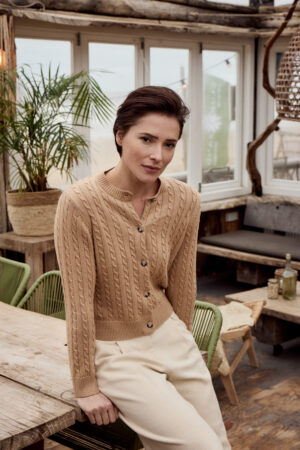 Crew neck cardigan cable knit Camel Bloomings