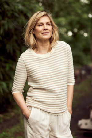 Crew neck pullover striped s/s lurex tan mel Bloomings